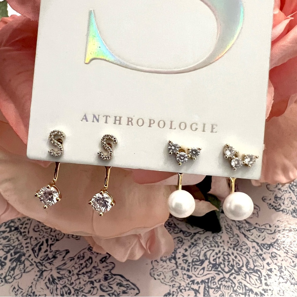NWT Anthropologie Cubic Zirconia Initial “S” Earrings Two Pairs - Picture 2 of 3